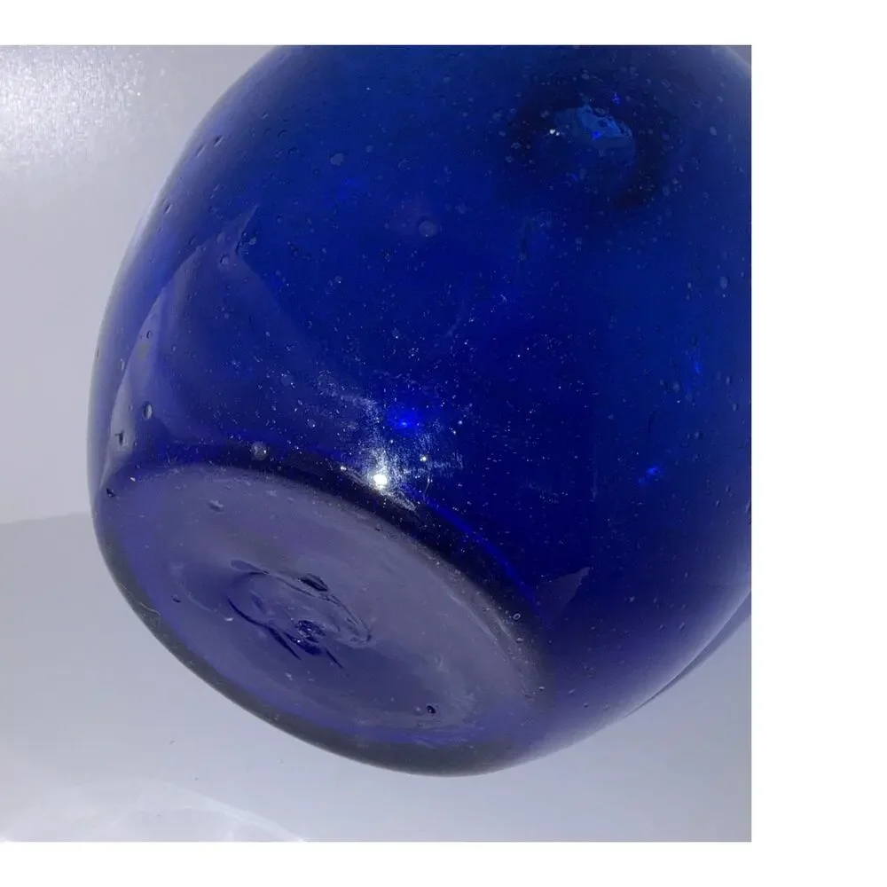 Hand Blown Blue Glass Vase w/ Pontil Bubbles